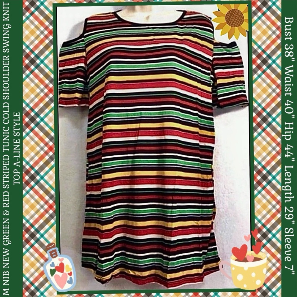 M NIB NEW GREEN & RED STRIPED TUNIC COLD SHOULDER SWING KNIT TOP A-LINE STYLE